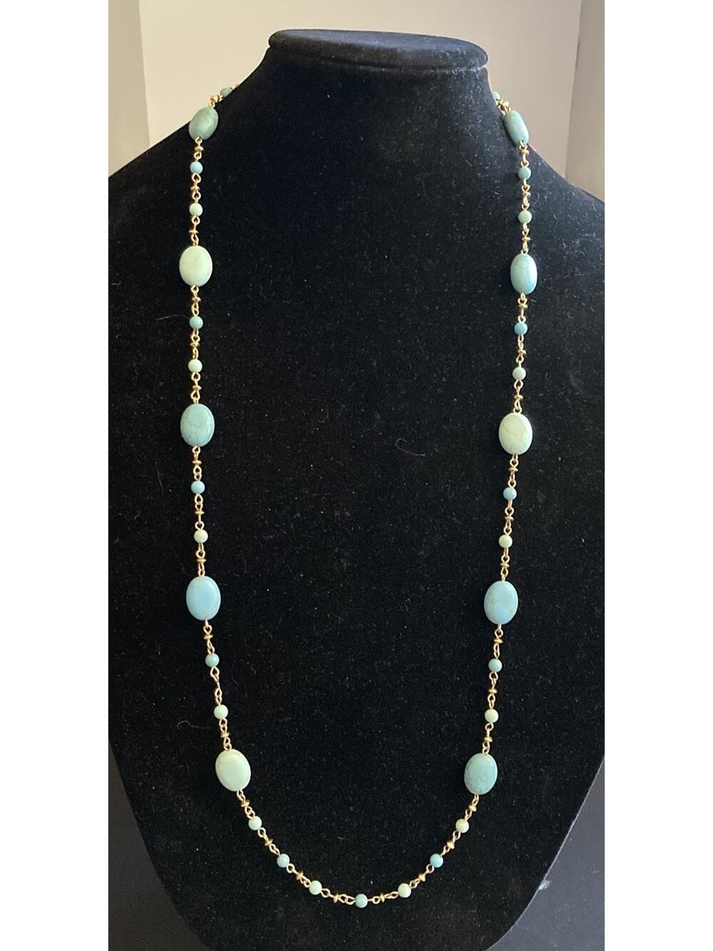 Lauren Ralph Lauren RLL Turquoise Blue Bead Gold Tone Long Beaded Necklace